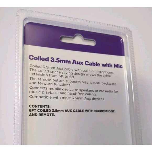 New Infinitive Coiled 3.5 mm Aux Cable with Mic and Remote New 6ft.  Sealed NIP - Picture 5 of 5